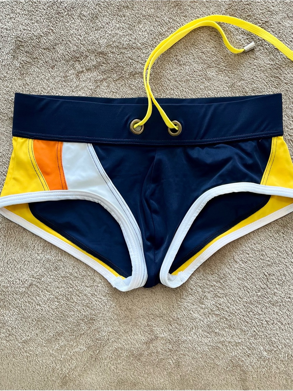 Men's Navy Colorblock Squarecut Swim Trunks with Yellow Drawcord - Picture 2 of 5
